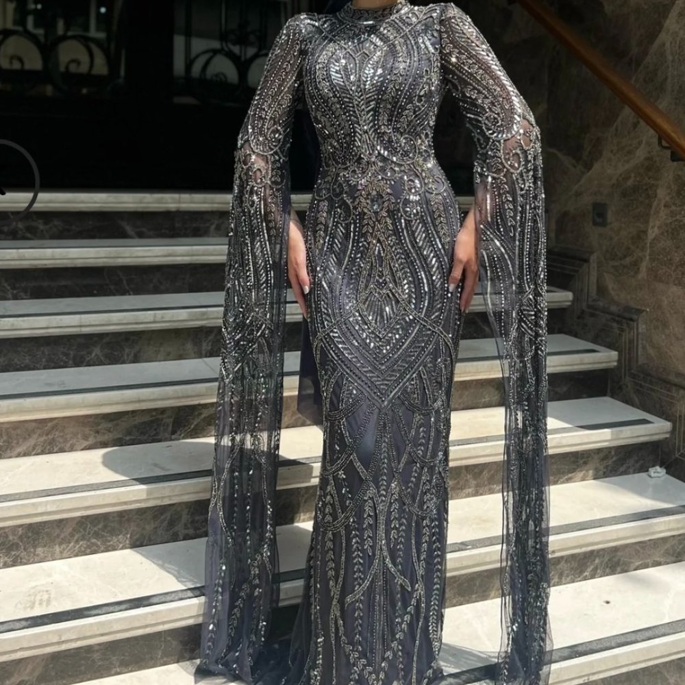 Gray Embroidered Dramatic Long Sleeve Gown